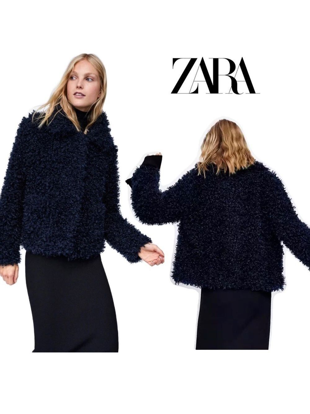 Zara navy blue faux shearling fur teddy jacket coat Sz S